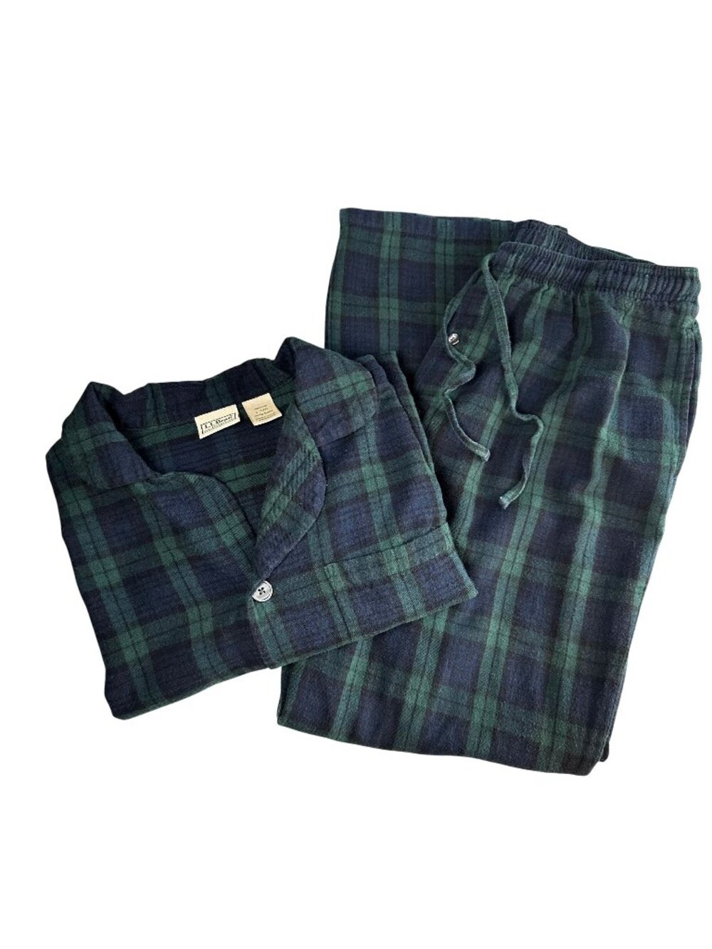 LL Bean Pajama Set Mens Large Blue Plaid Flannel Cotton Long Sleeve Sleepwear